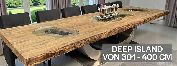 Langer Massivholz-Esstisch Deep Island von 301-400 cm. Handgefertigt aus recyceltem Teakholz, nachhaltig, einzigartig und ideal für große Wohnbereiche.